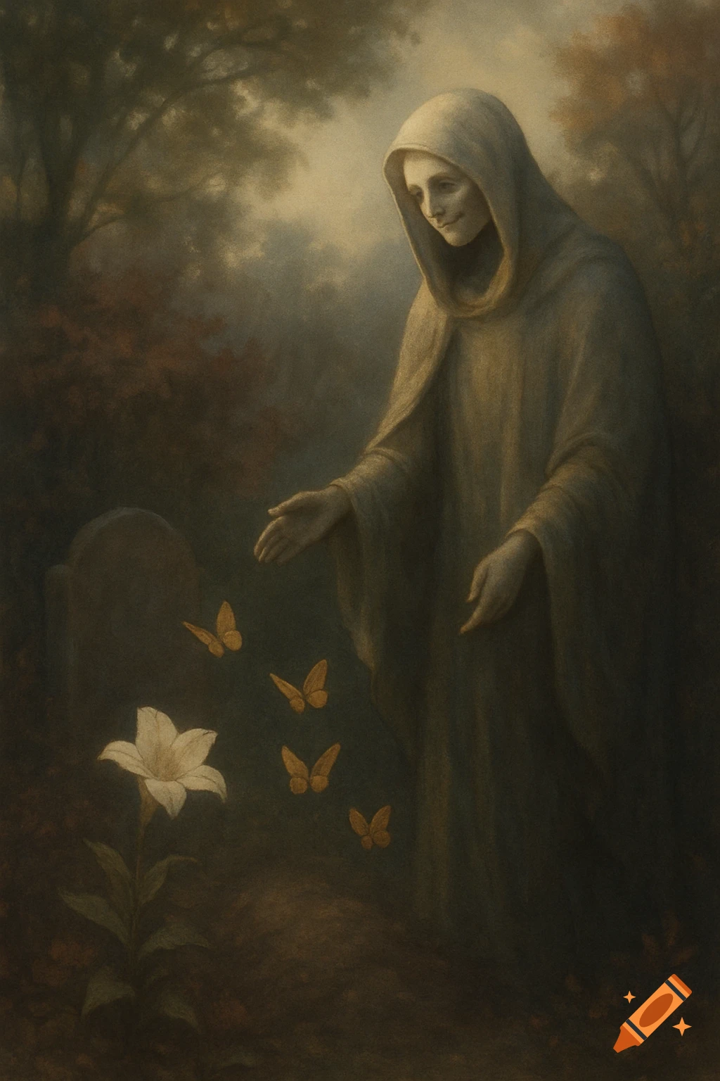 A cloaked figure with a hood stands in a misty graveyard with a lily and orange butterflies, in a classical painting style.