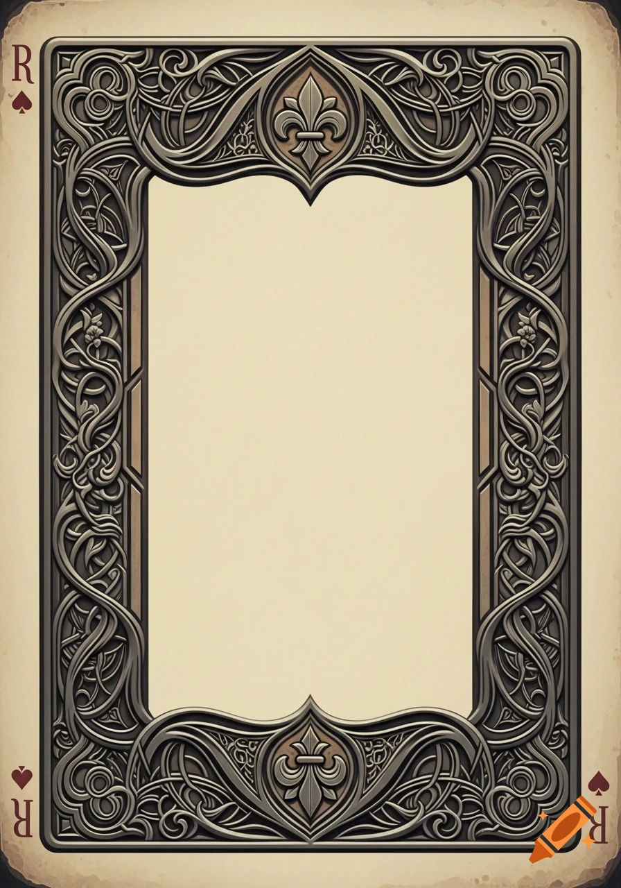 A stylized gothic playing card frame with a fleur-de-lis motif and an empty interior space.