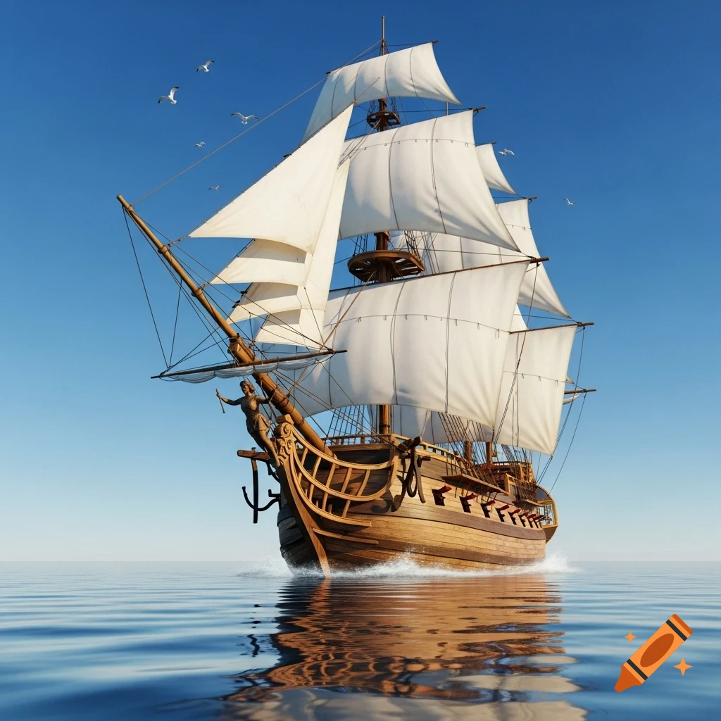 A large, intricate wooden sailing ship with white sails unfurled glides across calm blue ocean water under a clear sky.