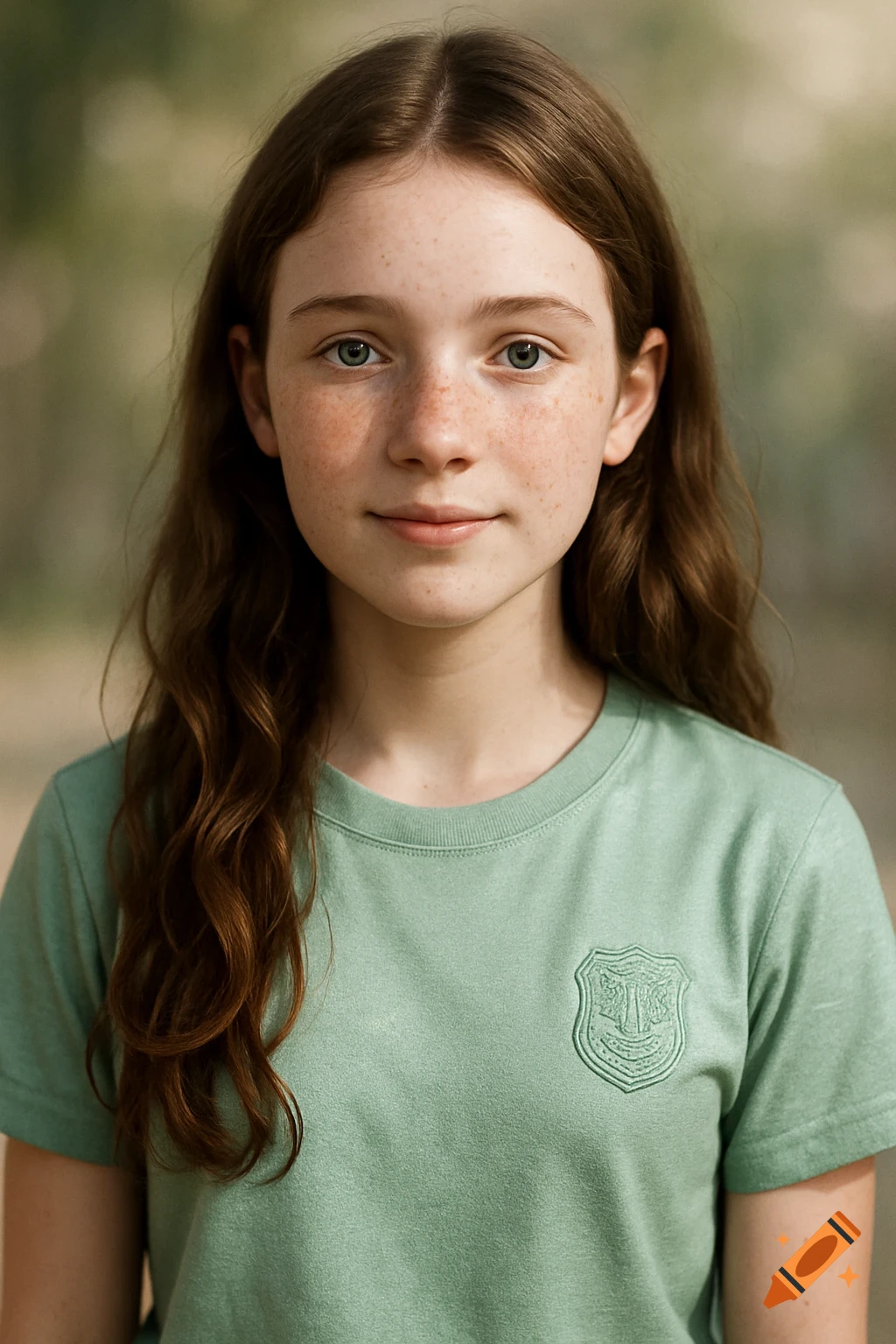 A young girl with long brown wavy hair, freckles, and pale blue eyes smiles, wearing a light green shirt with an embossed crest.