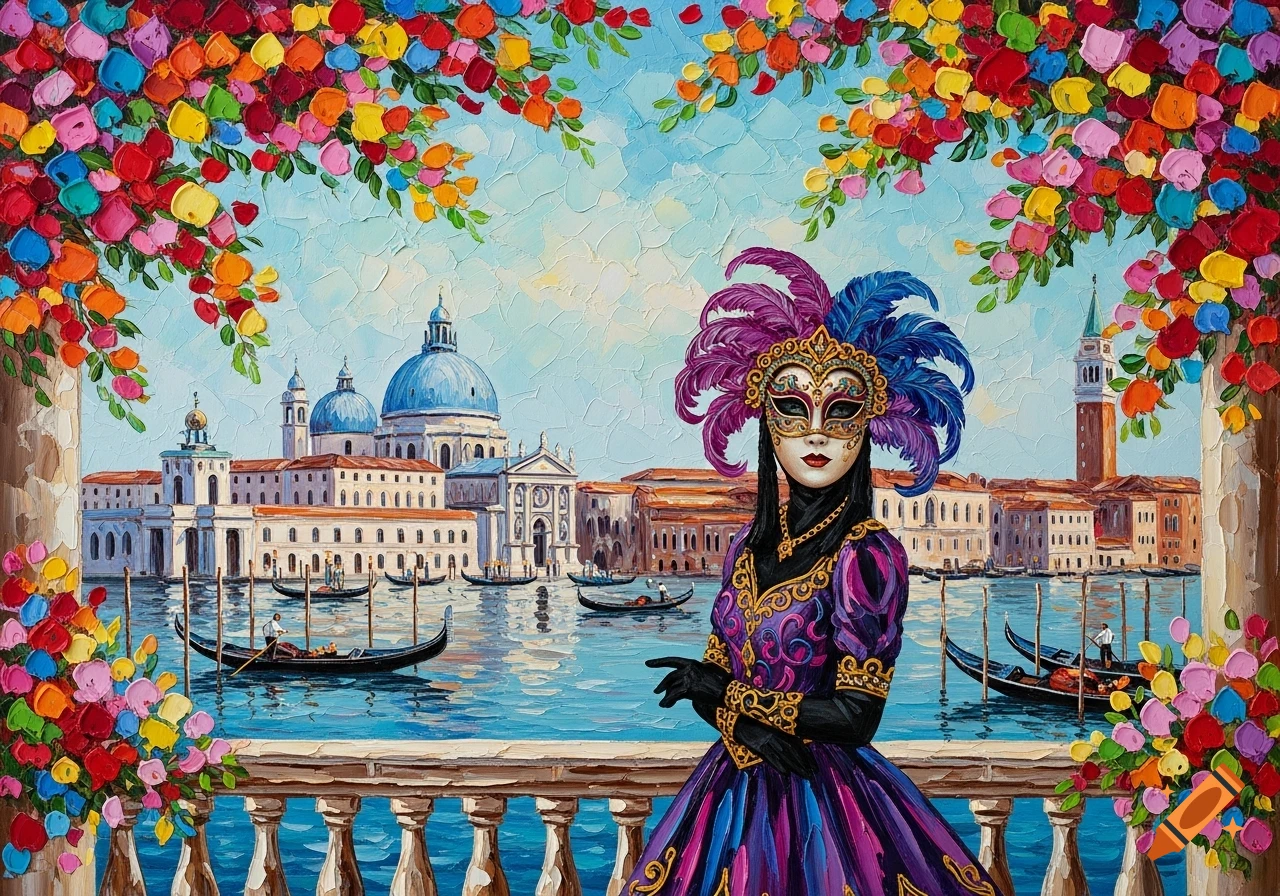 Vibrant impasto painting of a woman in a Venetian carnival mask and purple costume on a balcony overlooking the Grand Canal, Venice.