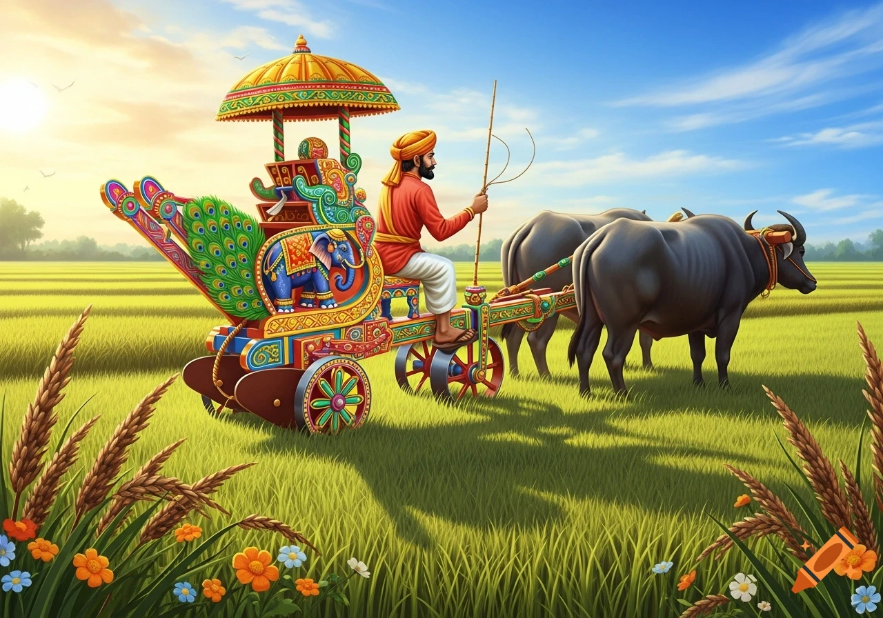 A man in traditional Indian attire drives a vibrantly decorated, peacock-themed cart pulled by two large buffalo through a lush green field under a clear, sunny sky.