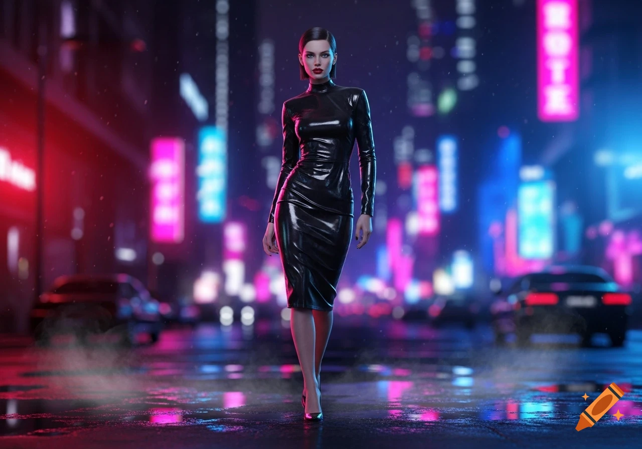 A woman in a black latex dress walks down a wet city street at night ...