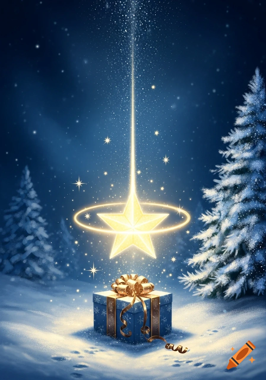 A glowing star shines a light beam onto a wrapped blue gift box in a snowy, dark blue winter forest with pine trees.