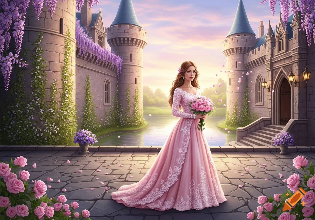 A princess in a pink lace gown holds a rose bouquet, standing on a stone path outside a grand castle adorned with wisteria at sunset.