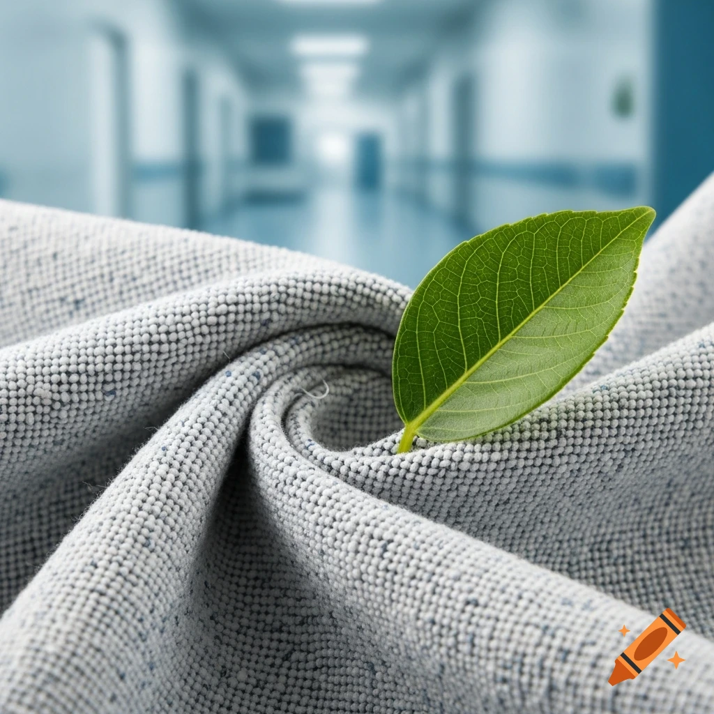 Photorealistic close-up of a green leaf resting on a textured grey textile, with a blurred sterile hospital hallway background.