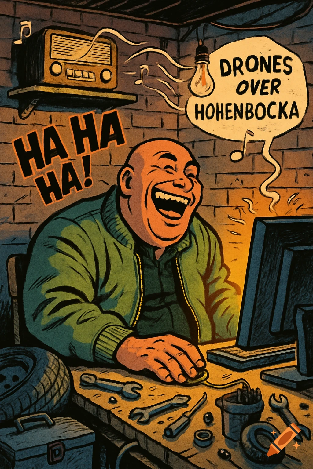 Bald man in green jacket laughing at a computer in a comic-style garage, with text "DRONES OVER HOHENBOCKA" and "HA HA HA!".