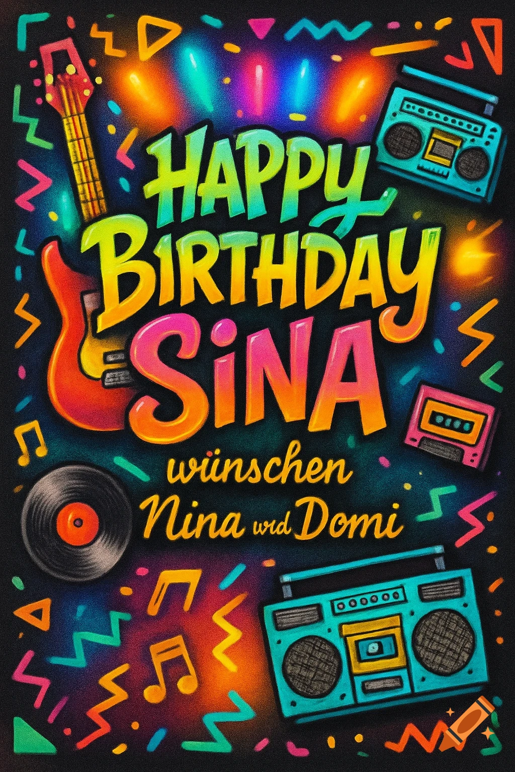 Colorful 90s-themed birthday card with 'Happy Birthday Sina, wünschen Nina und Domi' text, featuring guitars, boomboxes, vinyl, and cassette tapes.