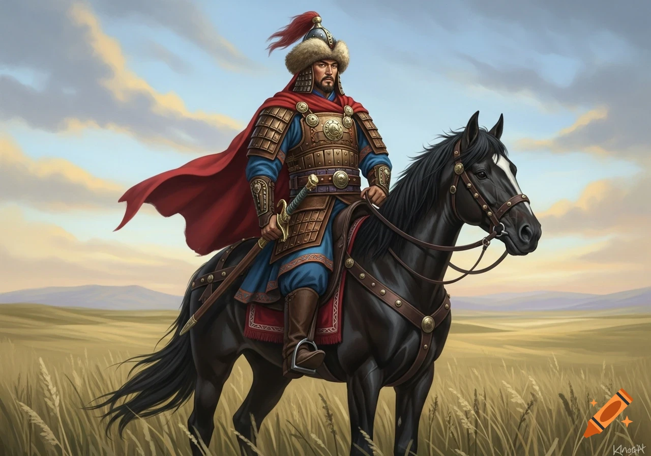 A proud Tatar Mongol warrior in ornate armor and red cape rides a black horse through a vast grassy plain under a cloudy sky.