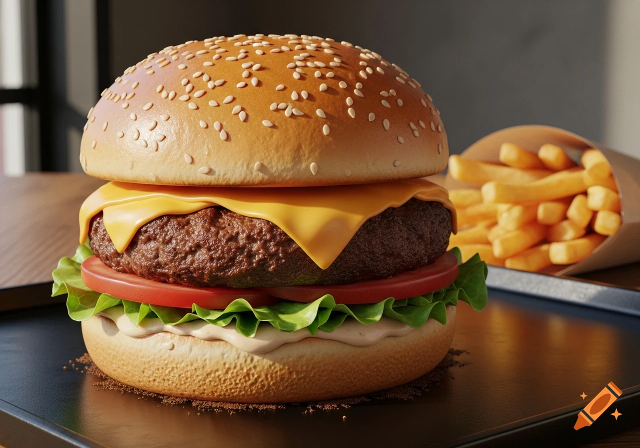 A photorealistic cheeseburger with a sesame seed bun, melted cheese, patty, lettuce, and tomato, served on a black tray with a side of french fries.