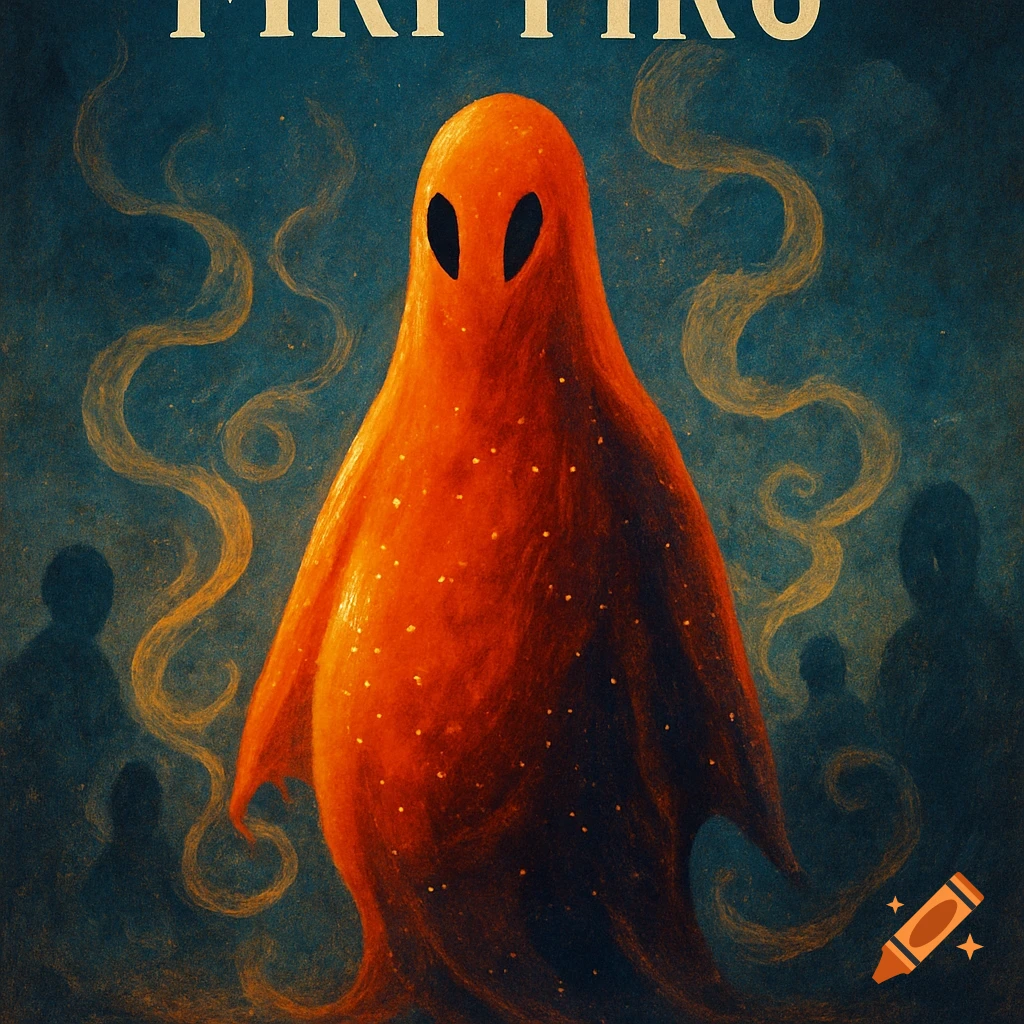 A pear-shaped orange ghost with black eyes, speckled with white, stands amidst wisps of smoke and shadowy figures on a dark blue, painterly background. Text at the top reads 'FIRI FIR Ù'.