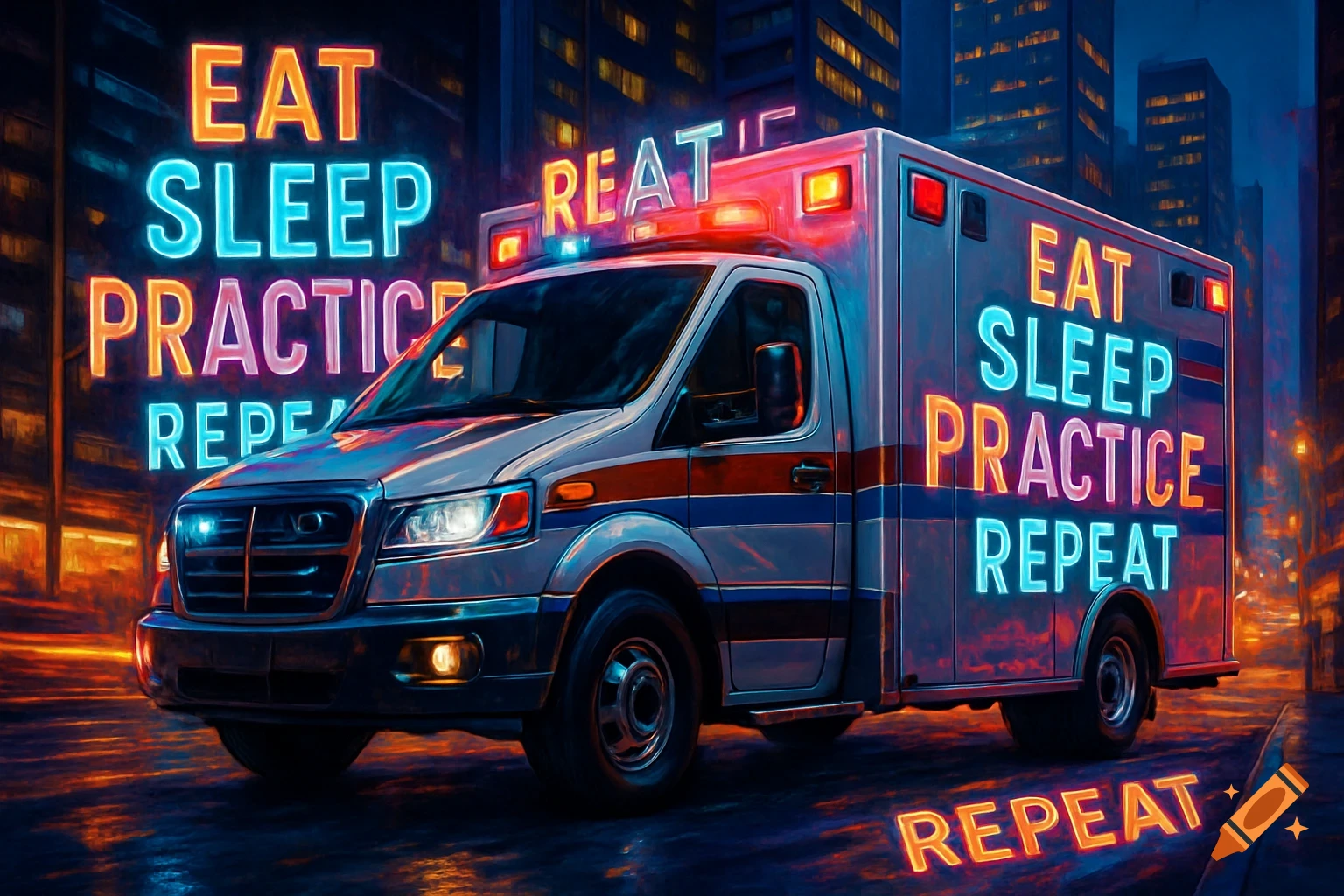An ambulance with glowing neon text "EAT SLEEP PRACTICE REPEAT" on its side, parked on a city street at night with glowing buildings in the background. Additional, garbled neon text is in the background.