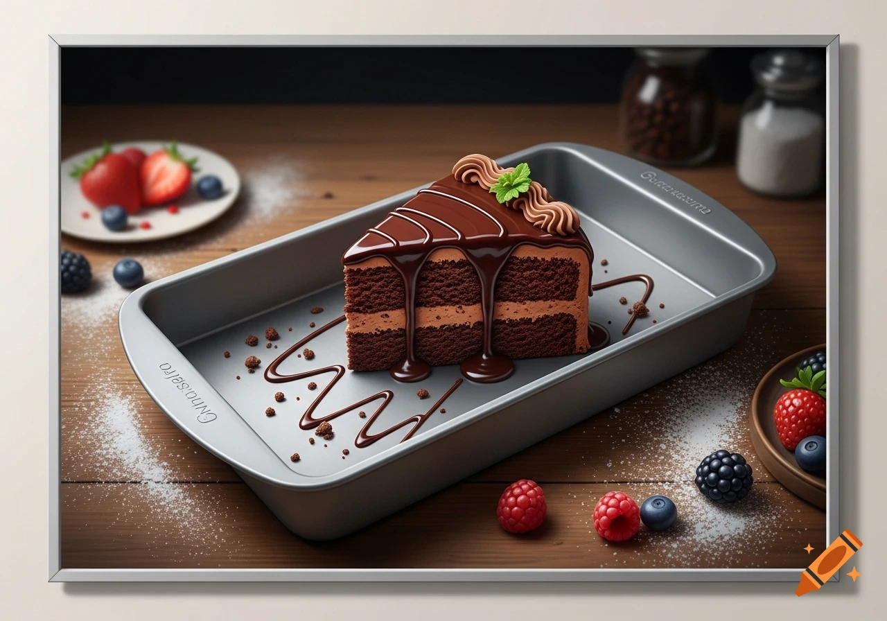 A slice of rich chocolate cake with chocolate ganache and a mint leaf, served in a metal baking pan on a wooden table with scattered berries and powdered sugar.