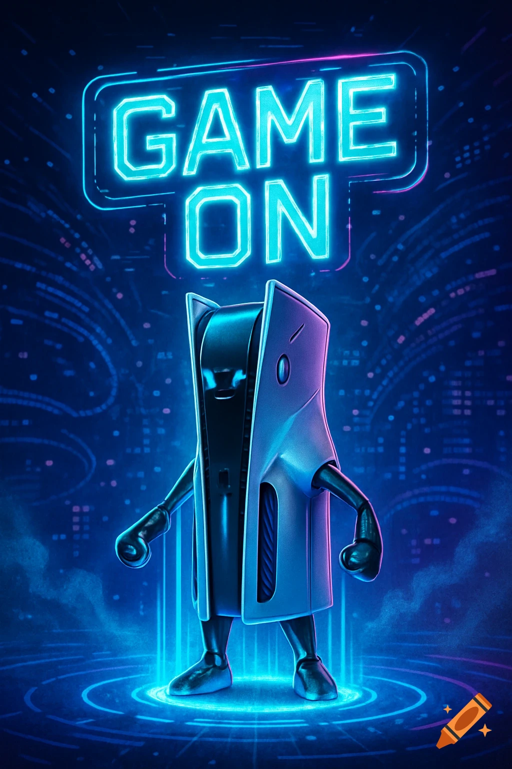 A stylized PlayStation 5 console character stands beneath glowing neon text that reads 'GAME ON' on a dark, circuit-board-like background.