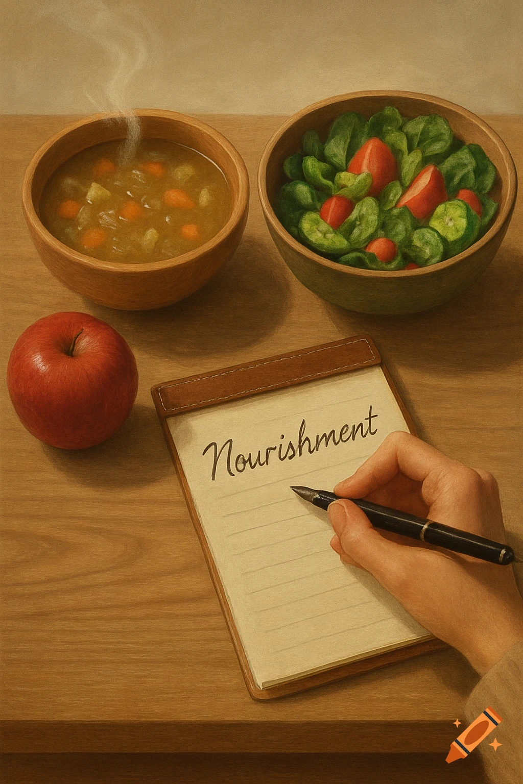An illustration of a hand writing 'Nourishment' on a notepad, with a bowl of soup, a salad, and an apple on a wooden table.