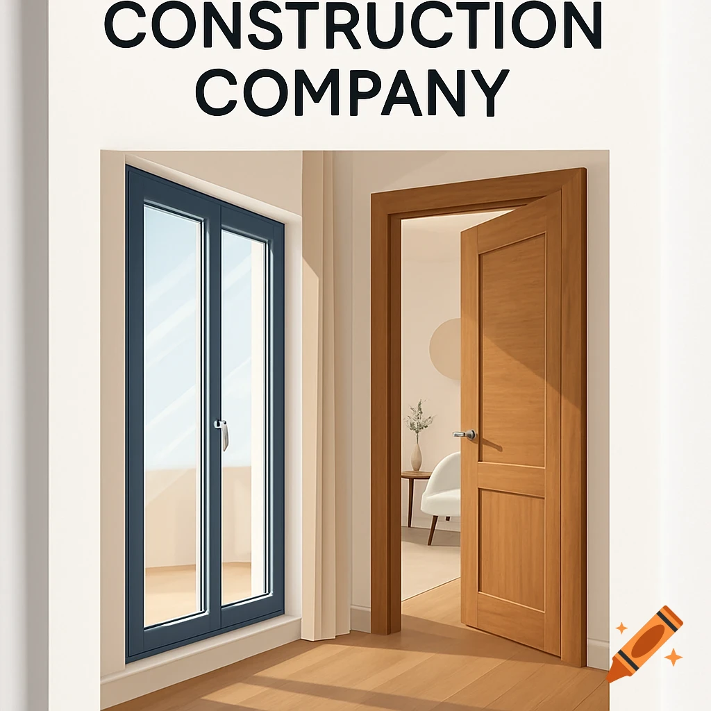 A white wall with a large dark-framed window on the left, an open wooden door on the right, and 'CONSTRUCTION COMPANY' text above.