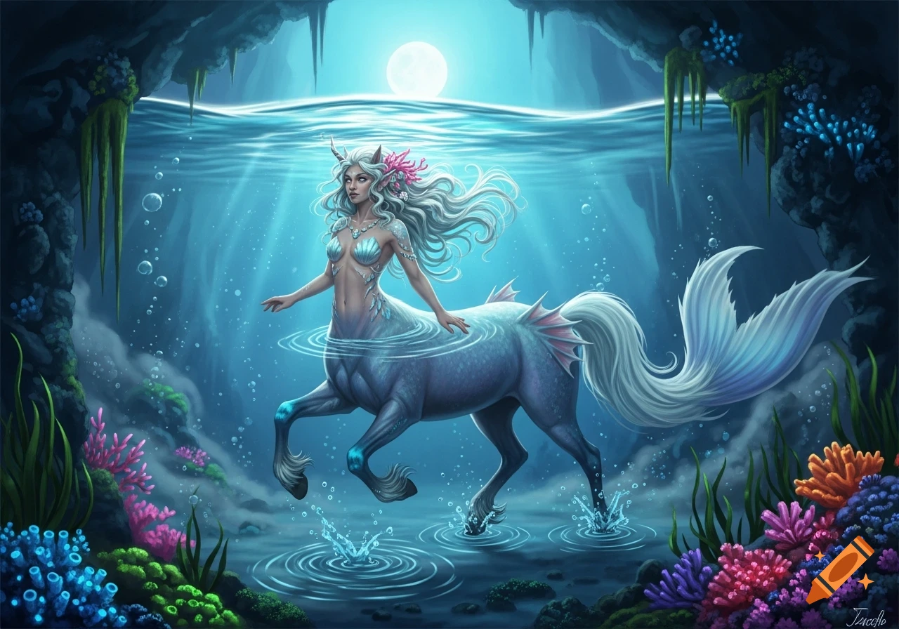 A fantasy creature, part human, horse, and fish, stands in blue water in an underwater cave with coral, illuminated by a full moon.