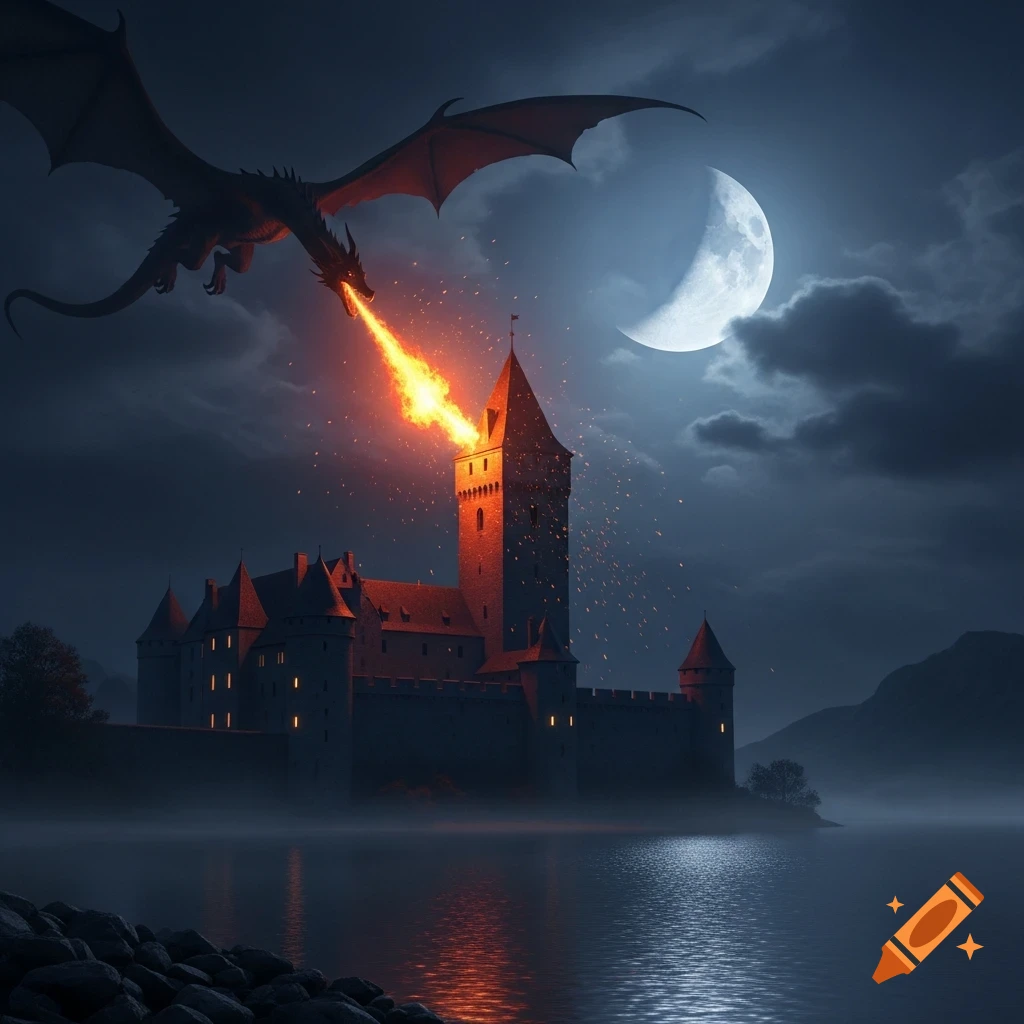 A dark dragon breathes fiery orange breath onto a towering medieval castle at night, illuminated by a crescent moon over a misty lake.