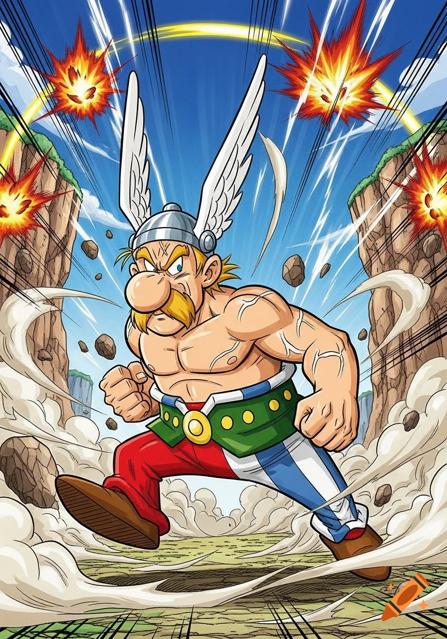 Asterix, a muscular man with a winged helmet and mustache, runs forward aggressively as explosions occur in the background, in a dynamic manga comic style.