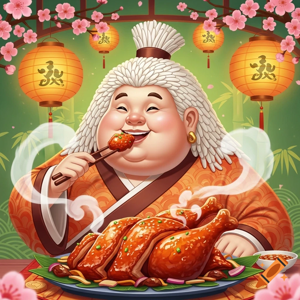 Vibrant cartoon of a joyful, plump Asian-style character with white hair, eating roasted chicken with chopsticks at a feast with lanterns and cherry blossoms.