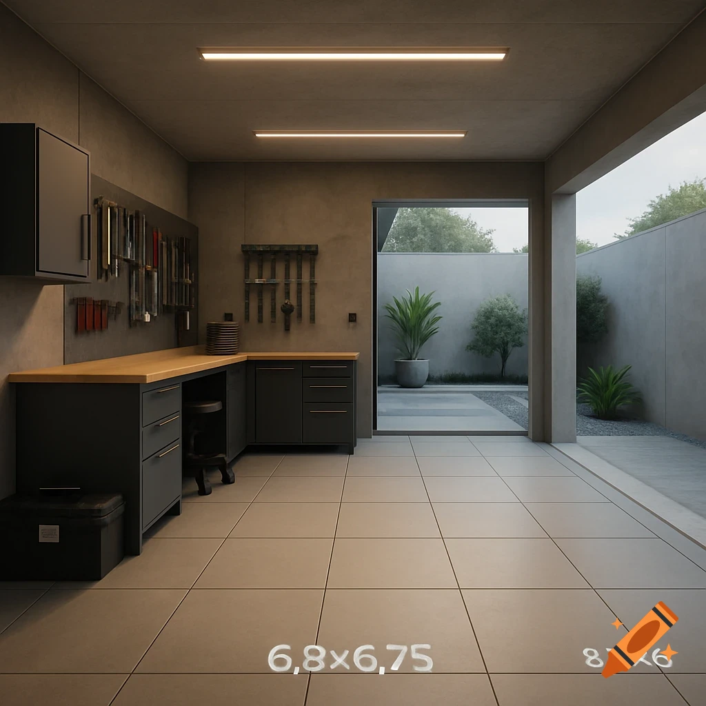 A modern, minimalist garage workshop with dark cabinets, a light wood countertop, tools on the wall, and an open doorway to a paved outdoor patio.