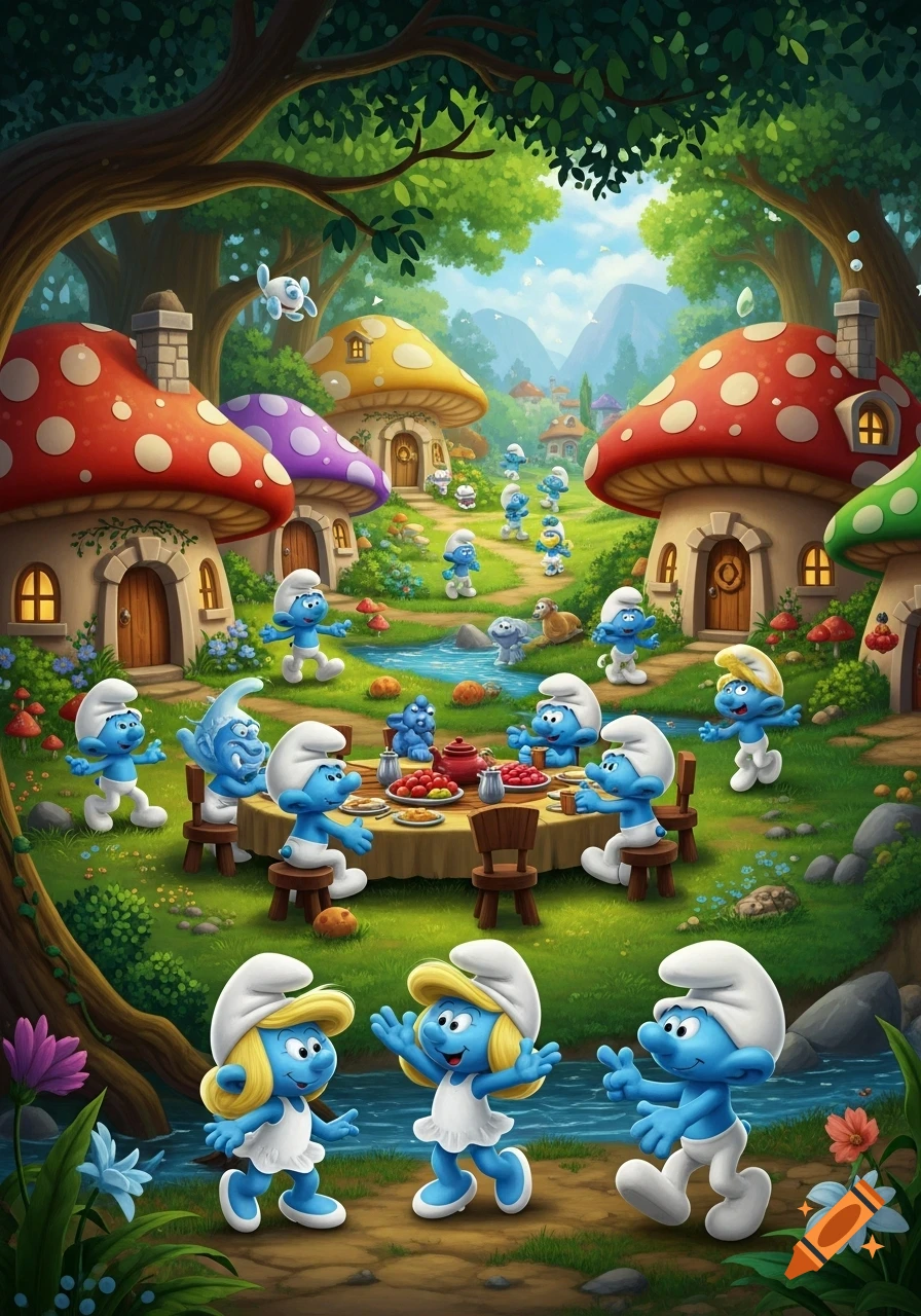Numerous blue Smurfs and Smurfette socialize, some at a tea party, others dancing, in a vibrant cartoon mushroom village within a lush forest.