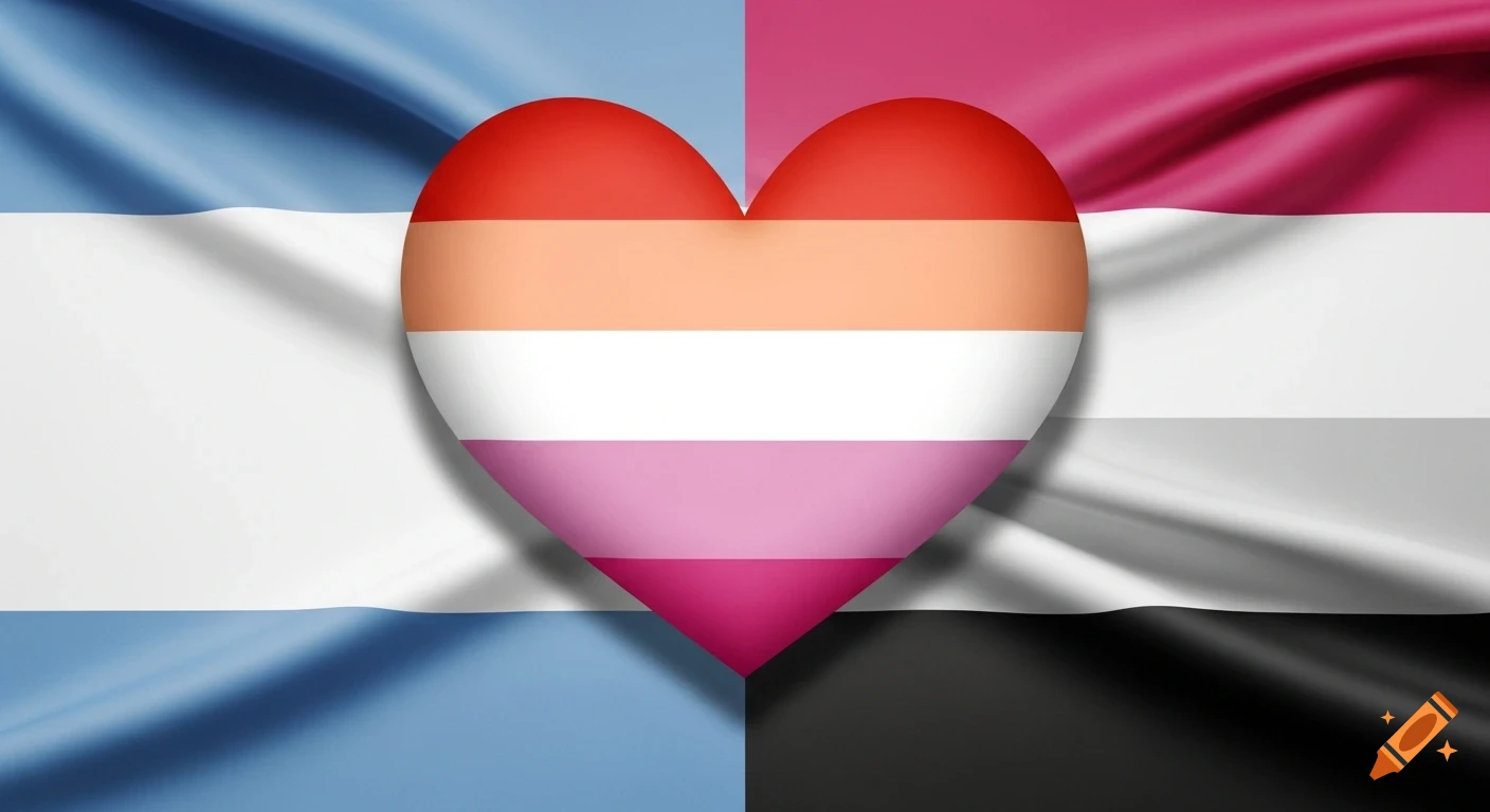 A heart-shaped lesbian flag over a wavy background combining demiboy flag colors, rendered with a fabric texture.