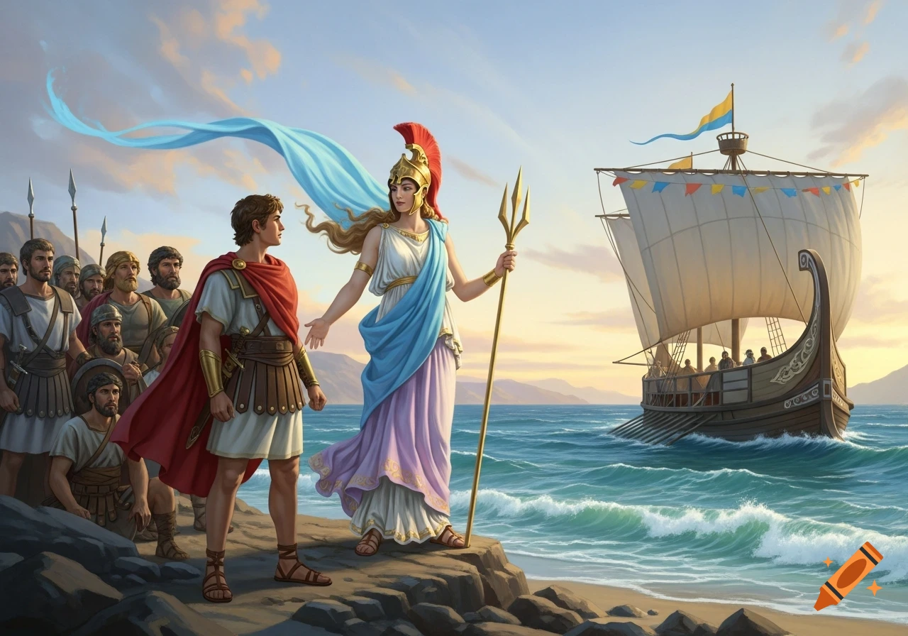 A mythological scene shows Telemachus and Athena on a rocky shore with soldiers, a ship on the sea under a sunset sky, in an illustrative style.