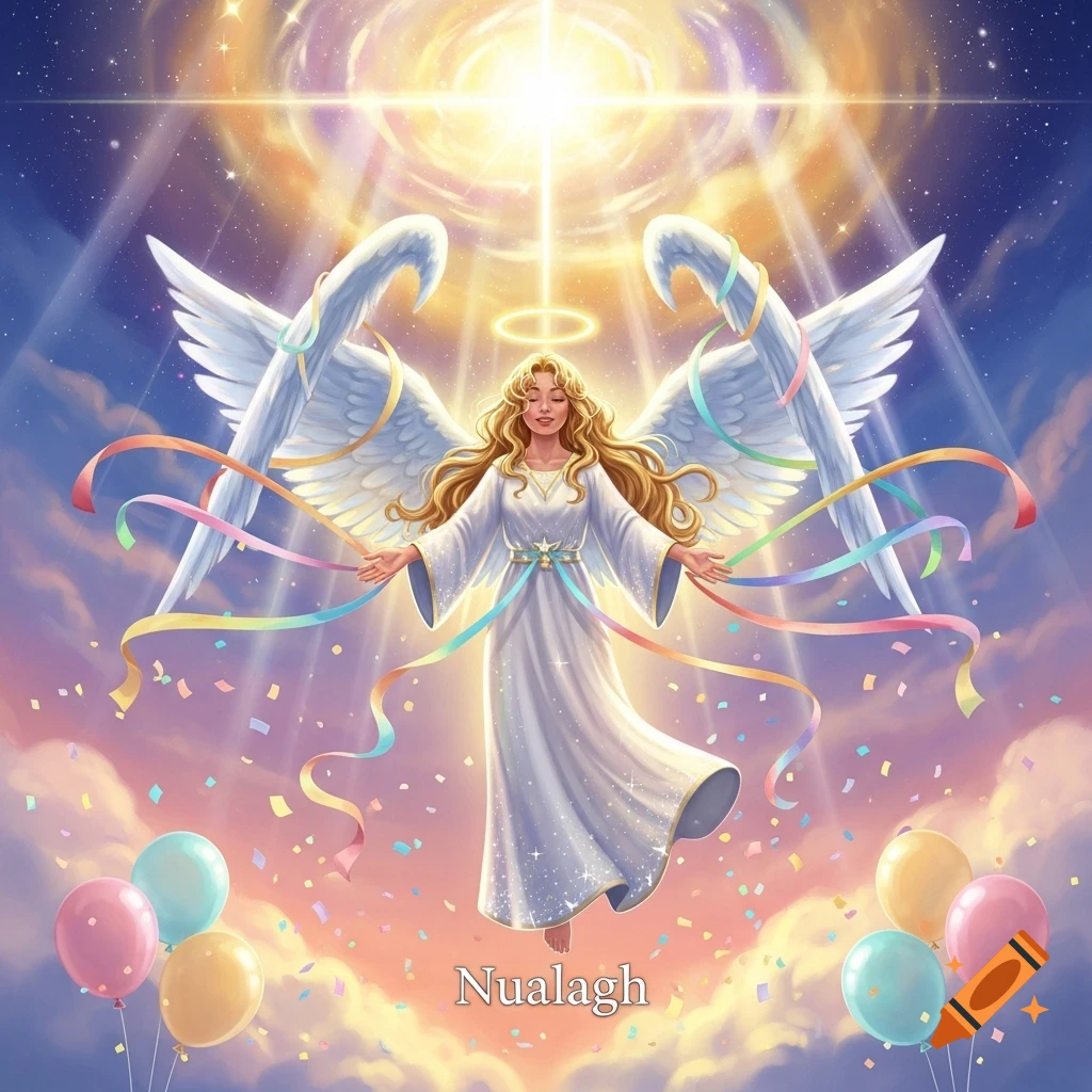 A blonde angel in a white gown with large wings floats amidst colorful ribbons, confetti, and balloons under a bright, starry sky. The name Nualagh is at the bottom.