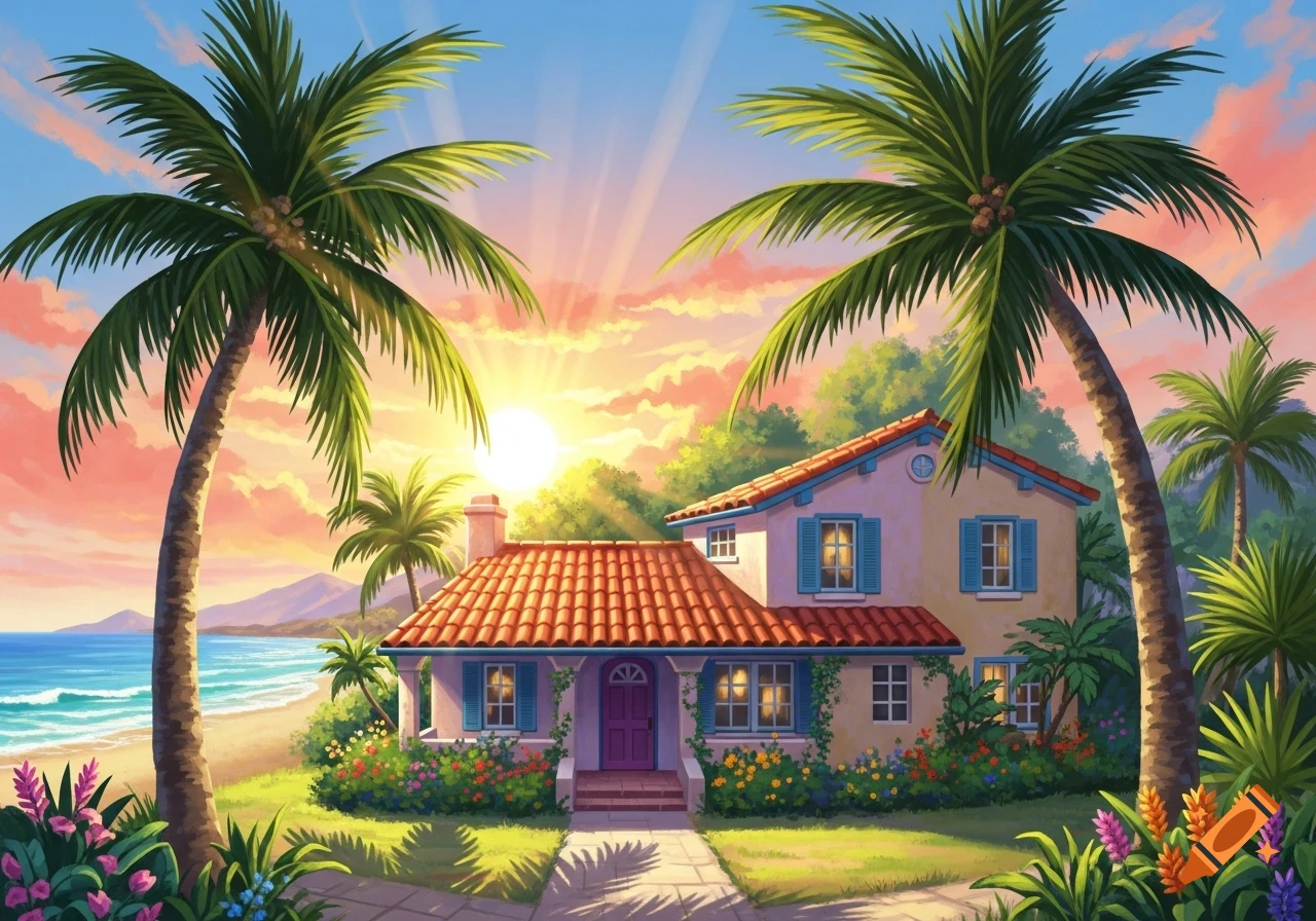 An illustration of a vibrant tropical beach house nestled between two palm trees at sunset, with ocean waves in the background.