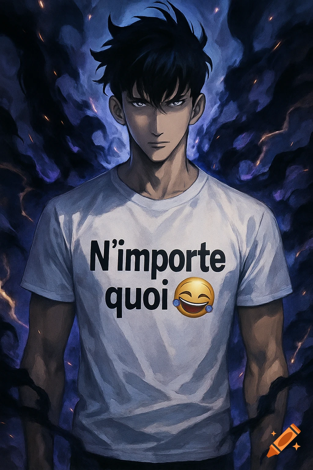 Anime-style character, Sung Jinwoo, with dark hair and white eyes, wearing a white t-shirt with "N'importe quoi" and a laughing emoji, against a dark, smoky background.