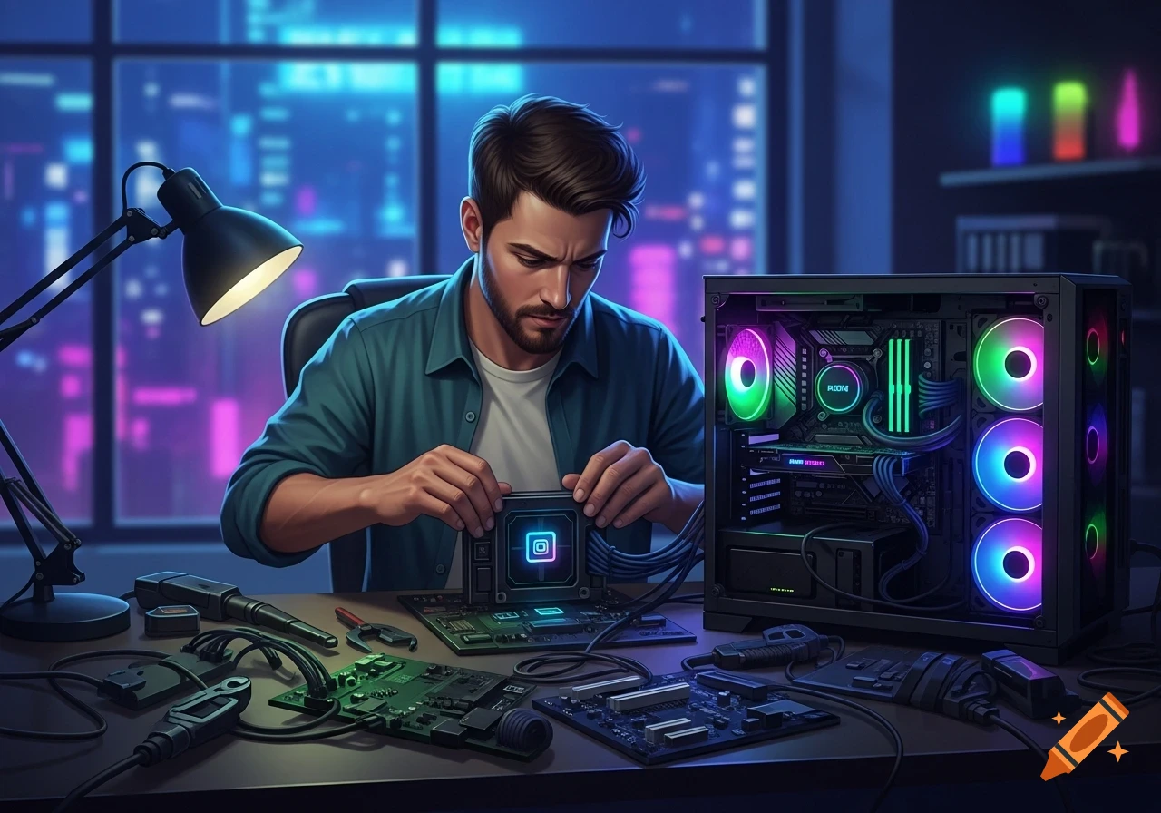 A man intently assembling a computer in a neon-lit room, surrounded by PC components and tools on a desk.