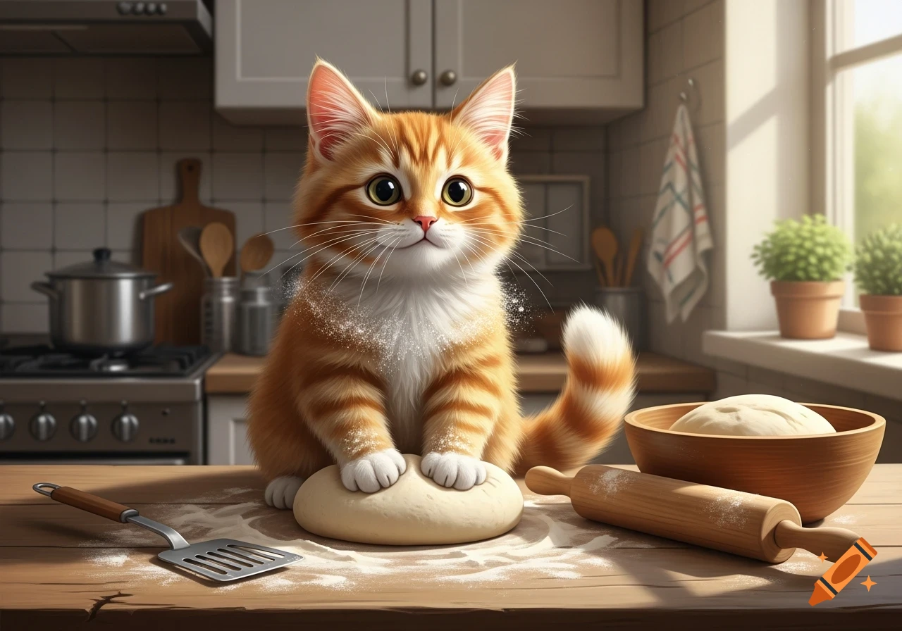 A cute orange cat on a kitchen counter, kneading bread dough with flour, a mixing bowl, rolling pin, and spatula nearby.