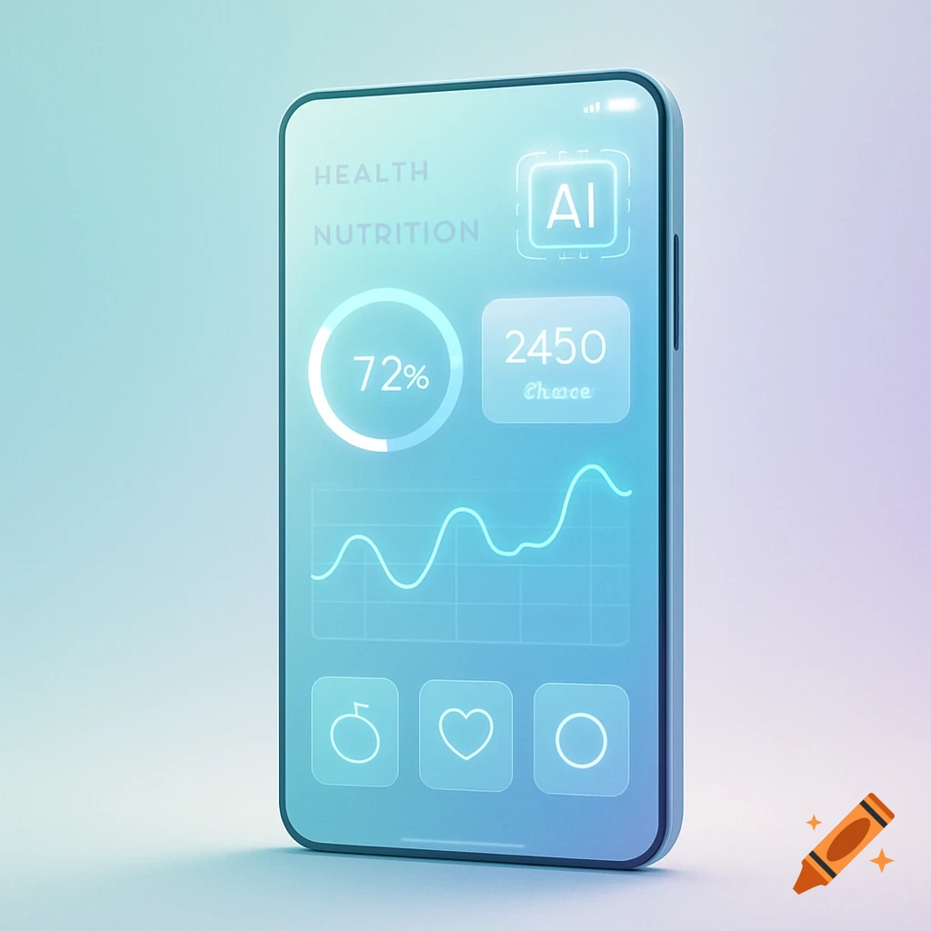 Minimalist illustration of a smartphone displaying a health and nutrition dashboard with futuristic AI elements and soft gradients.
