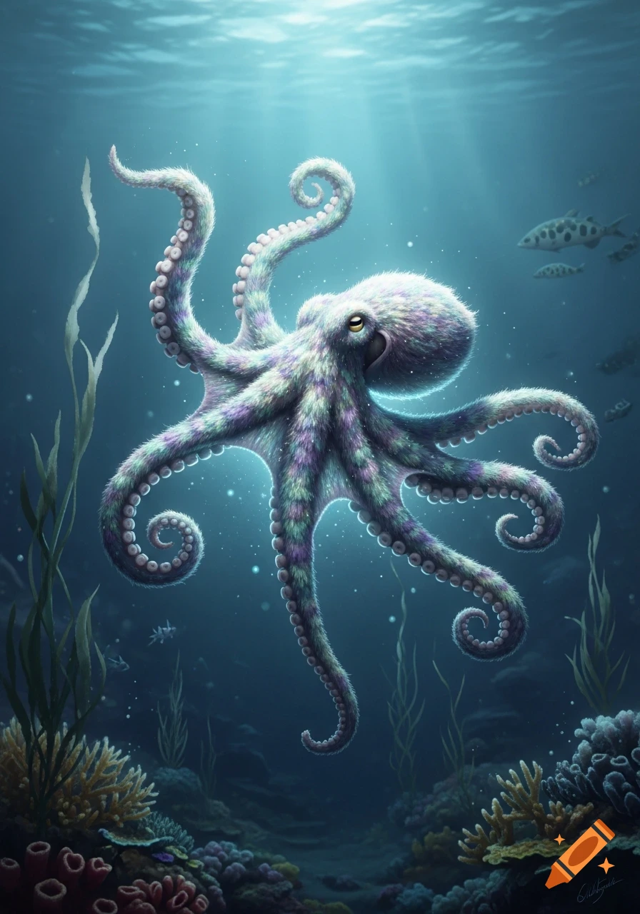 A fluffy, colorful octopus with large eyes floats in an ethereal underwater scene with sunbeams, coral, and distant fish.
