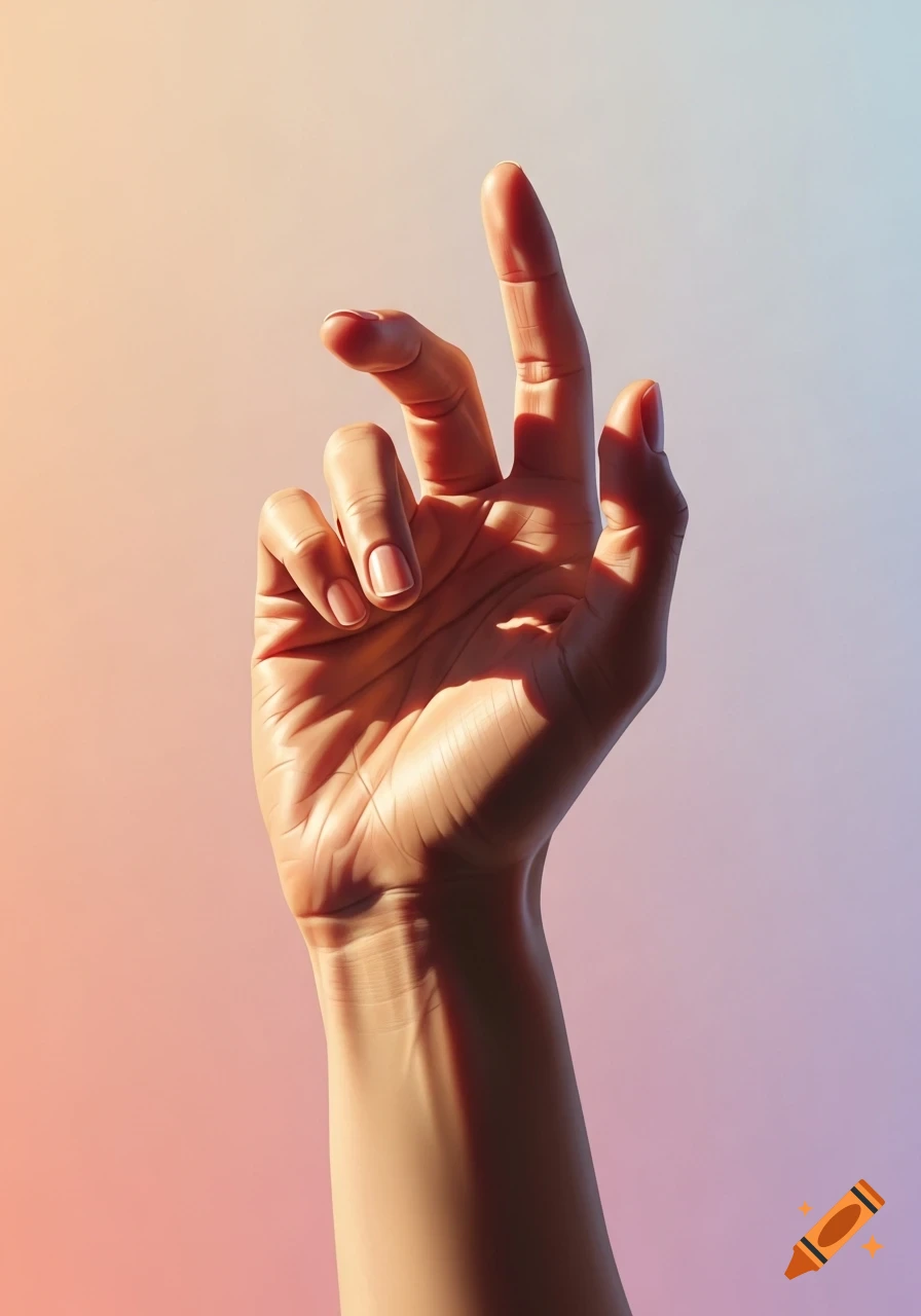 A close-up of a human hand with fingers slightly bent, illuminated by warm sunlight against a gradient background.