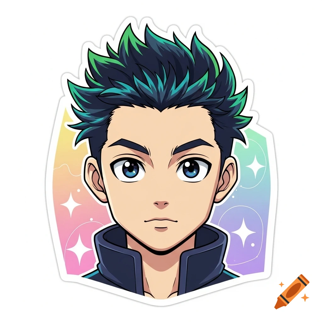 A cartoon sticker of an anime man's face with spiky green and blue hair and blue eyes, against a pastel background with sparkles.
