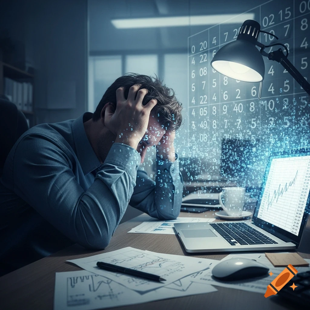 Photorealistic image of a stressed man holding his head at a desk, surrounded by abstract digital data and a laptop with a graph.