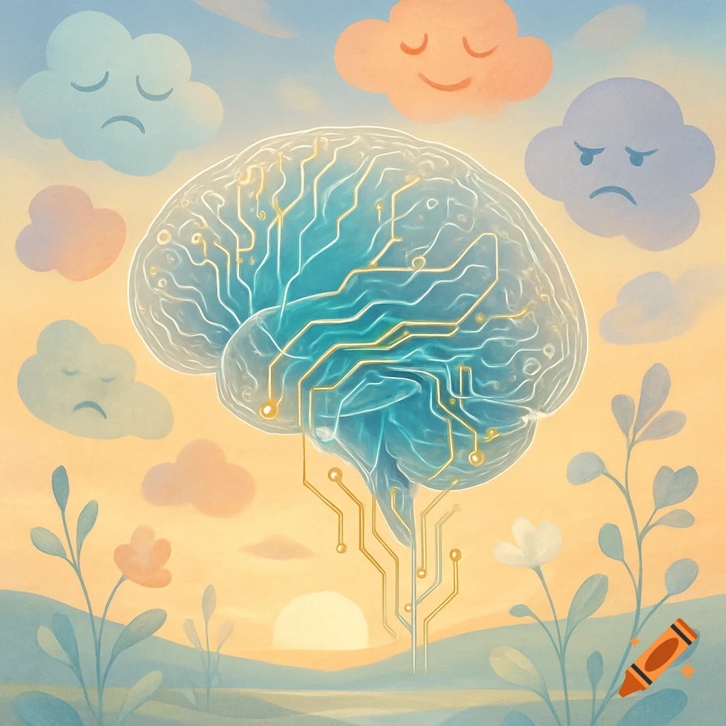 A translucent brain with circuits in a landscape with emotional clouds, stylized plants, and a rising sun in a soft illustration style.
