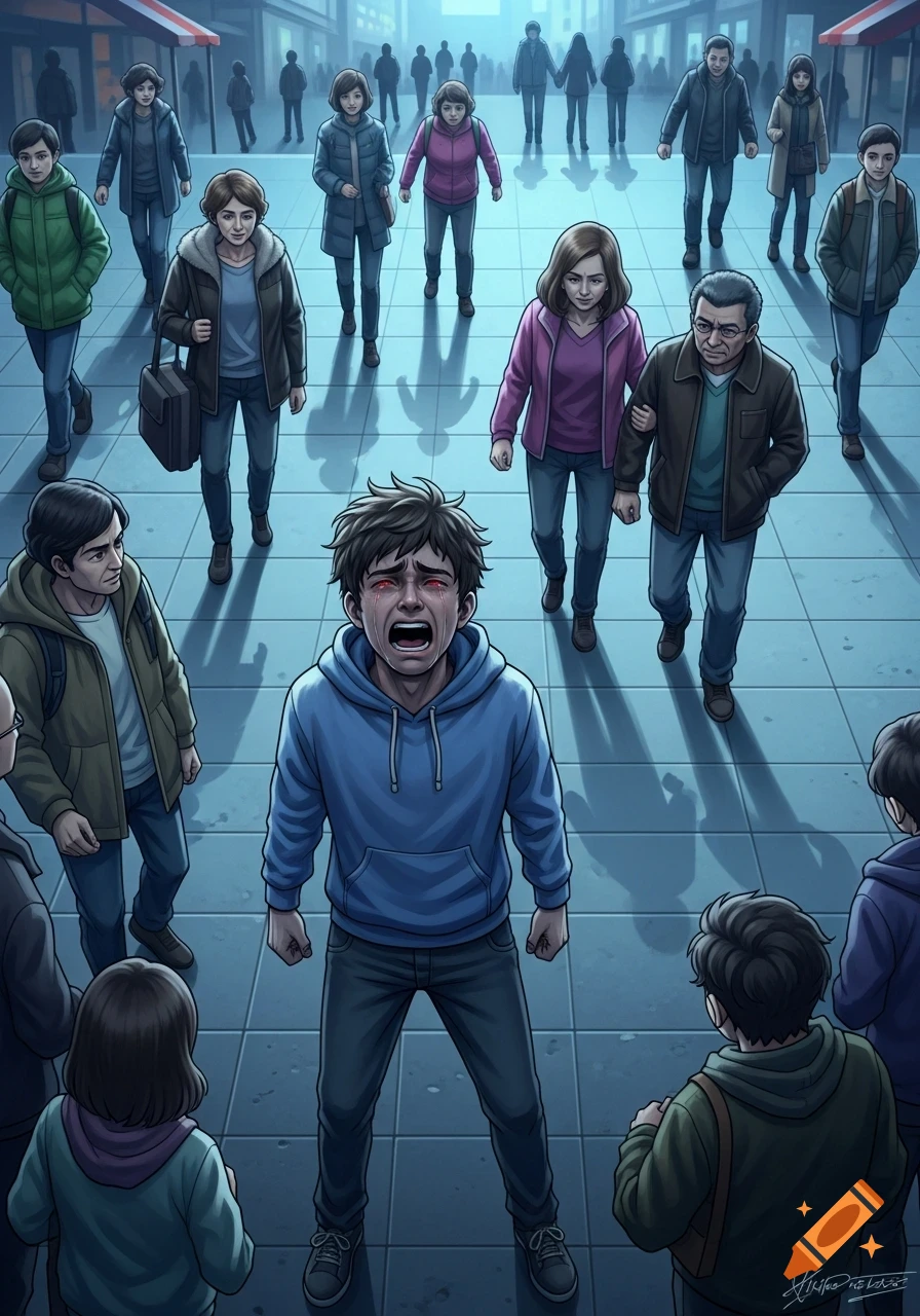 A distraught young man in a blue hoodie cries out in an urban street, surrounded by an indifferent crowd in a cartoon illustration style.