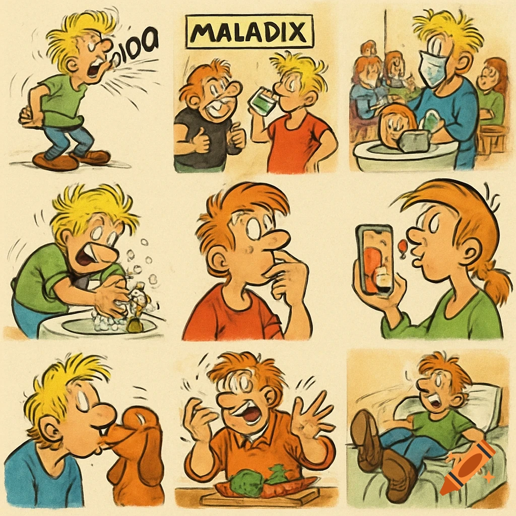 A 9-panel cartoon in Asterix style depicting daily situations related to health and hygiene.