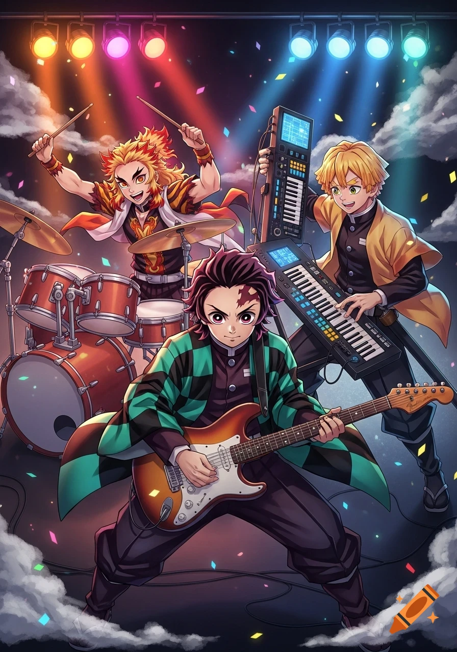Three anime characters play instruments on a stage under colorful spotlights, with one on guitar, one on drums, and one on keyboard.