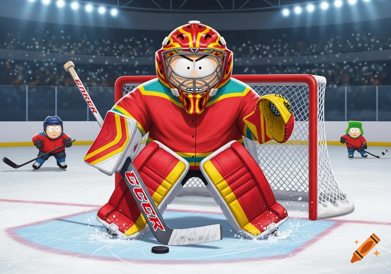 Eric Cartman from South Park as an ice hockey goalie, with Kyle and Stan on the ice in a stadium.