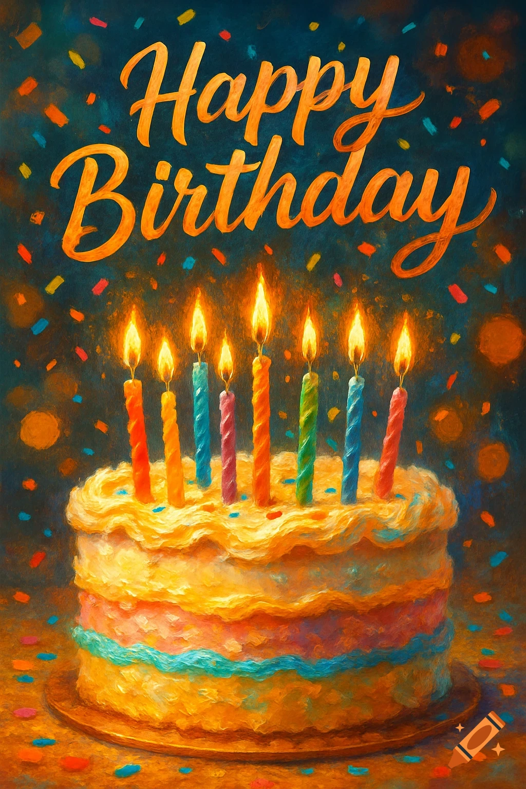 A vibrant, painterly illustration of a birthday cake with seven lit candles, confetti, and "Happy Birthday" text.