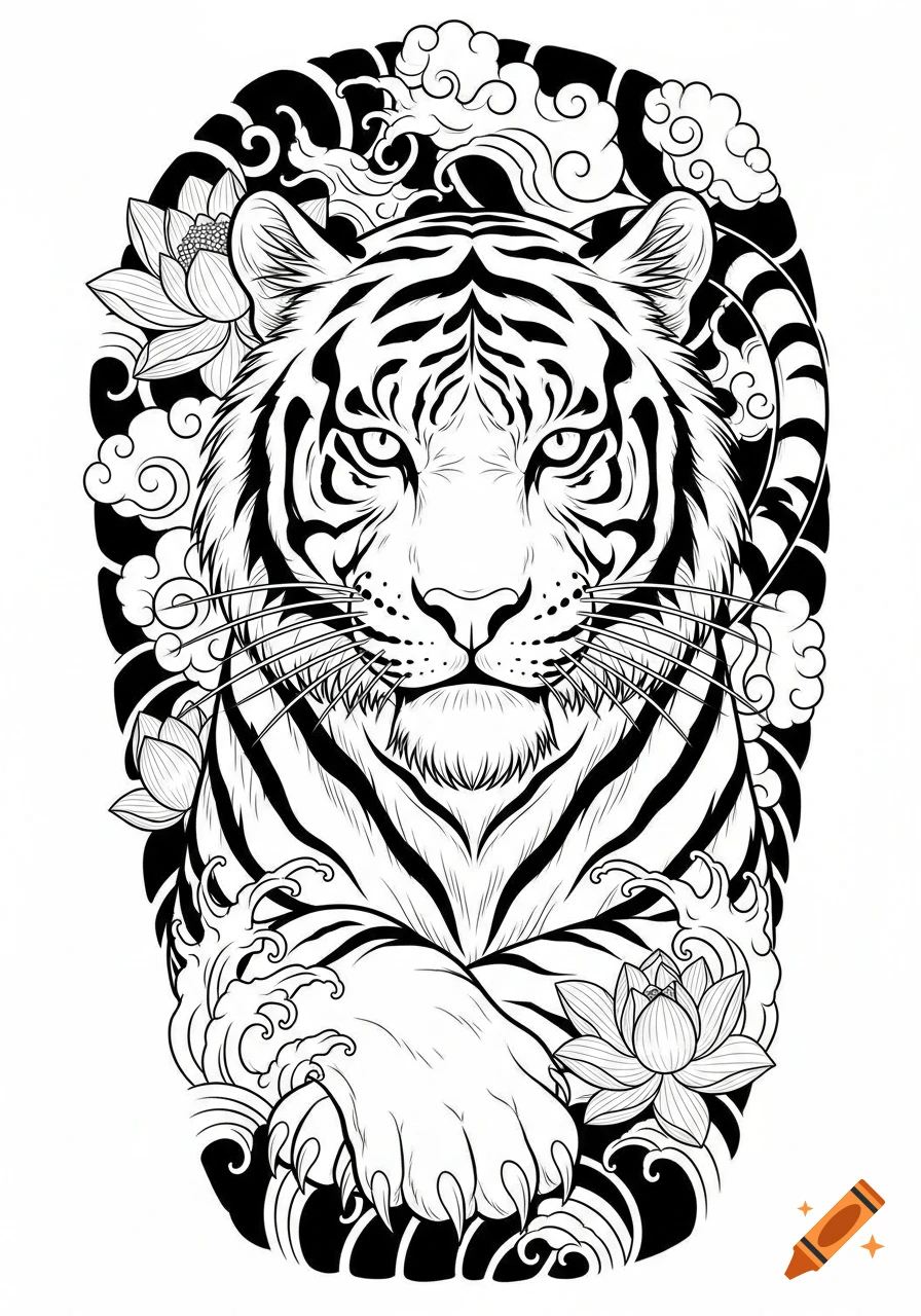 Black and white illustration of a tiger head and paw in traditional Japanese tattoo style, with lotus flowers, waves, and clouds.