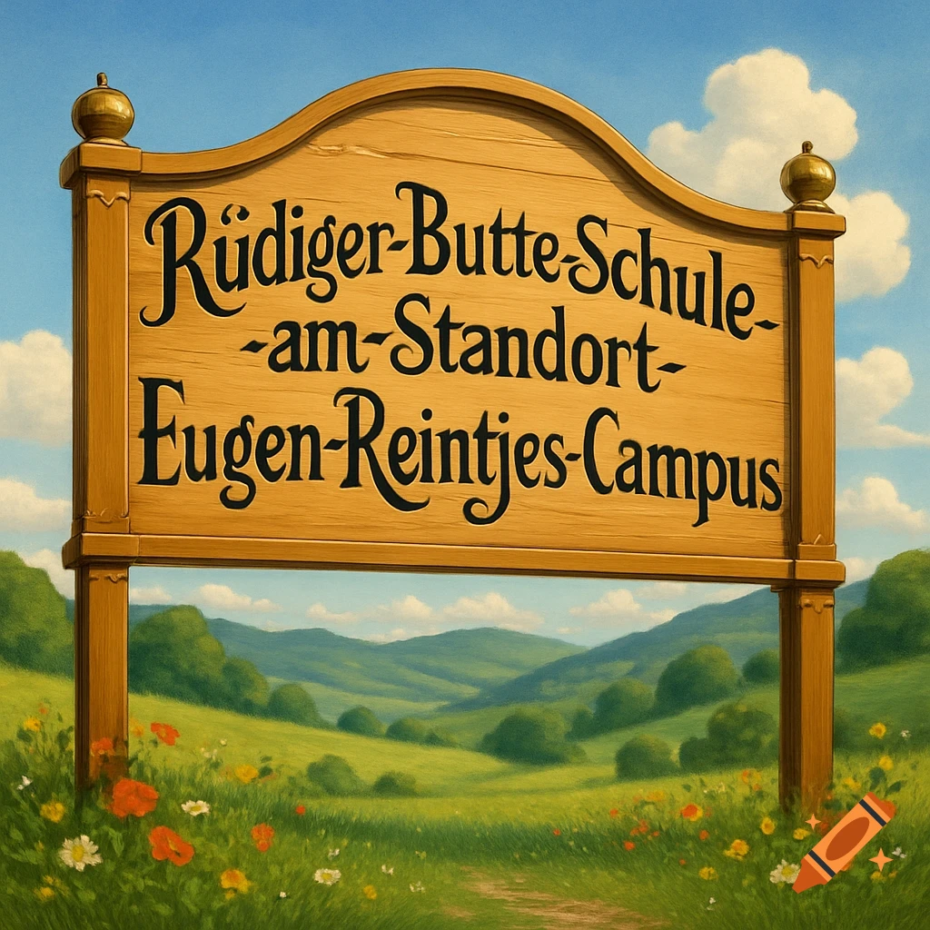 A stylized wooden sign reads 'Rüdiger-Butte-Schule-am-Standort-Eugen-Reintjes-Campus' in a lush, green hilly landscape under a blue sky.