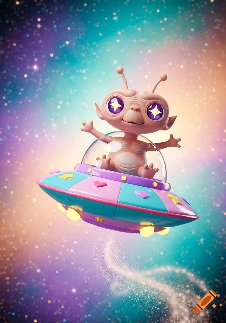 Cute 3D alien with sparkly eyes in a pink and blue flying saucer, flying through a vibrant, star-filled galaxy.