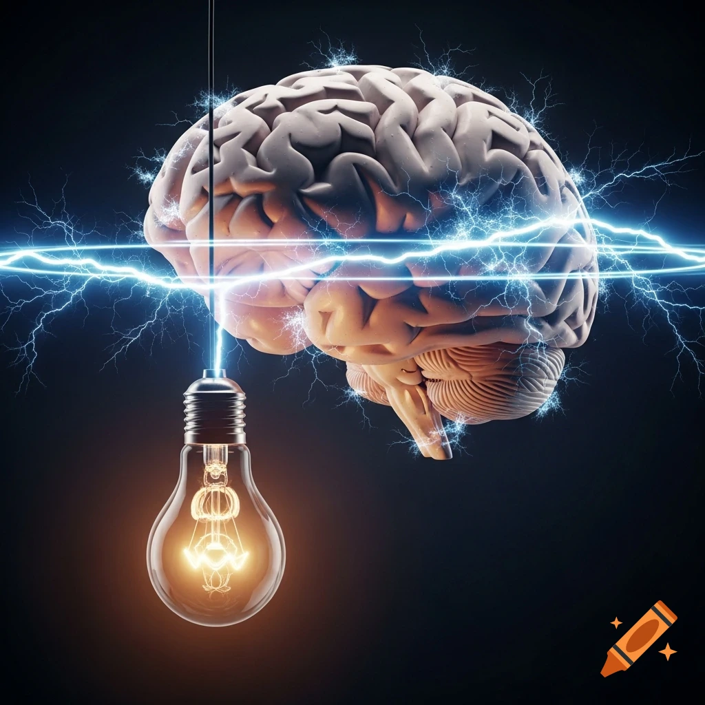 A human brain connected by blue electrical sparks to a glowing light bulb, on a dark background.