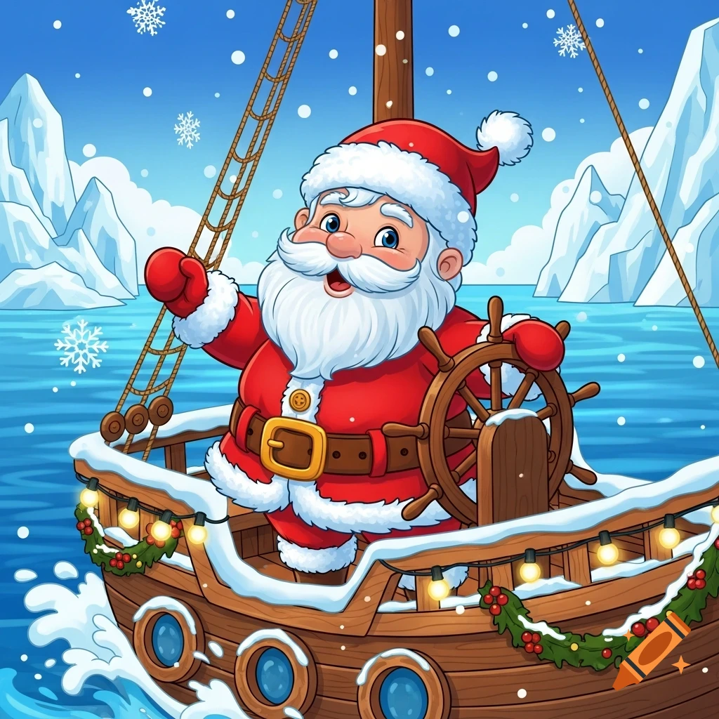 Cartoon Santa Claus, dressed in red, steers a snow-covered wooden ship through icy waters with icebergs and snowflakes falling.