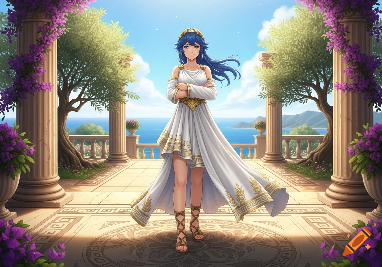 Anime character Lucina from Fire Emblem in a white Greek dress and sandals stands on a classical balcony with columns and purple flowers, overlooking a blue sea.